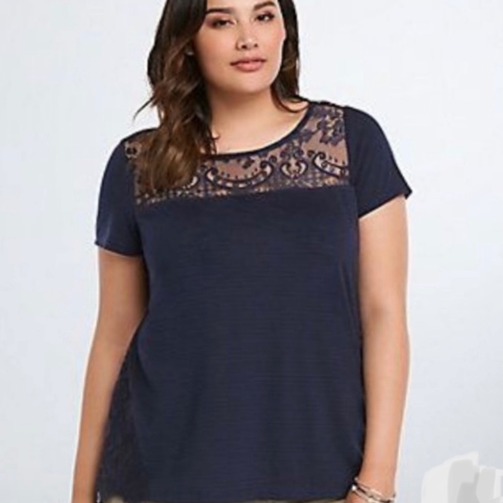 Torrid Black and Navy Striped Shirt with Lace Neck Line